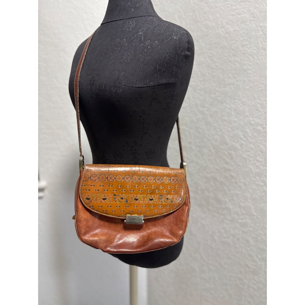 I Ponti Firenze Vintage Brown Leather Crossbody Bag Italian Renaissance Print